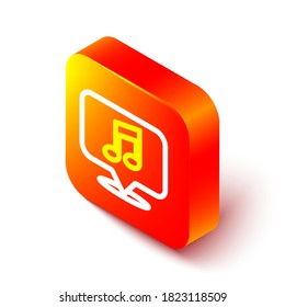 Isometric line Musical note in speech bubble icon isolated on white background. Music and sound concept. Orange square button. Vector Illustration