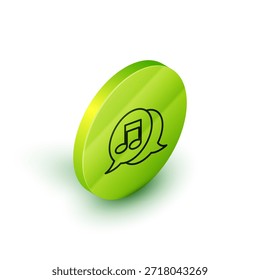 Línea isométrica Nota musical en el icono de la burbuja del discurso aislado en el fondo blanco. Música y concepto de sonido. Botón de círculo verde. Vector