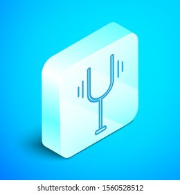 Isometric line Musical tuning fork for tuning musical instruments icon isolated on blue background. Silver square button. Vector Illustration