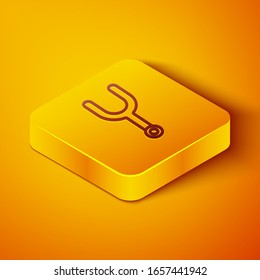 Isometric line Musical tuning fork for tuning musical instruments icon isolated on orange background. Yellow square button. Vector Illustration