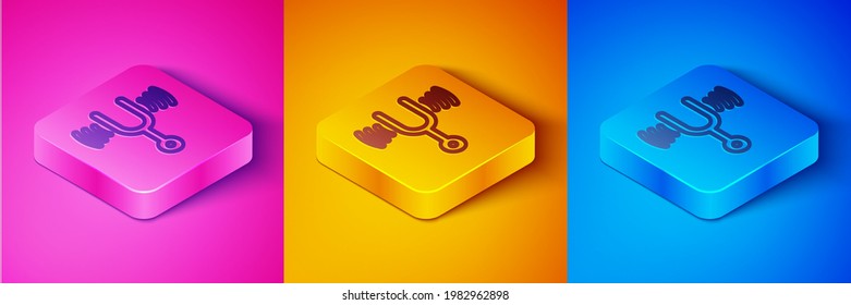 Isometric line Musical tuning fork for tuning musical instruments icon isolated on pink and orange, blue background. Square button. Vector