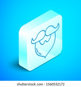 Isometric line Mustache and beard icon isolated on blue background. Barbershop symbol. Facial hair style. Silver square button. Vector Illustration