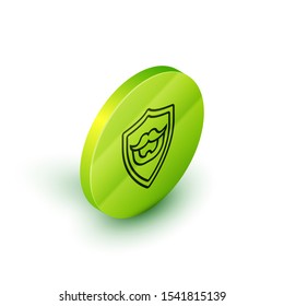 Isometric line Mustache and beard on shield icon isolated on white background. Barbershop symbol. Facial hair style. Green circle button. Vector Illustration