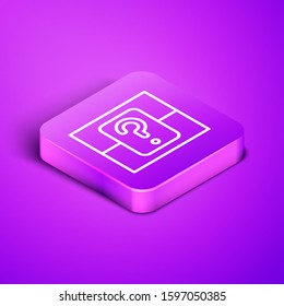 Isometric line Mystery box or random loot box for games icon isolated on purple background. Question box. Purple square button. Vector Illustration