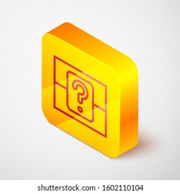 Isometric line Mystery box or random loot box for games icon isolated on grey background. Question box. Yellow square button. Vector Illustration