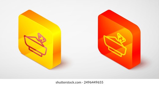 Isometric line Nachos in bowl icon isolated on grey background. Tortilla chips or nachos tortillas. Traditional mexican fast food menu. Yellow and orange square button. Vector