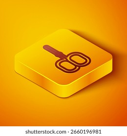 Línea isométrica Tijeras de uñas cutícula corte icono de salón de belleza aislado sobre fondo naranja. Tijeras cosméticas para manicura. Botón cuadrado amarillo. Vector