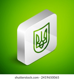 Isometric line National emblem of Ukraine icon isolated on green background. Ukrainian trident. Silver square button. Vector