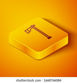 Isometric line Native american tomahawk axe icon isolated on orange background. Yellow square button. Vector Illustration
