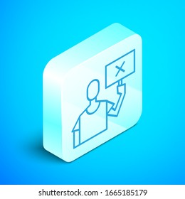 Isometric line Nature saving protest icon isolated on blue background. Earth planet protection, environmental issues demonstration. Silver square button. Vector Illustration