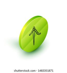Isometric line Needle for sewing with thread icon isolated on white background. Tailor symbol. Textile sew up craft sign. Embroidery tool. Green circle button. Vector Illustration
