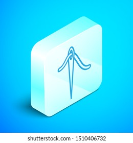 Isometric line Needle for sewing with thread icon isolated on blue background. Tailor symbol. Textile sew up craft sign. Embroidery tool. Silver square button. Vector Illustration