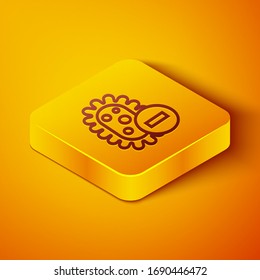 Isometric line Negative virus icon isolated on orange background. Corona virus 2019-nCoV. Bacteria and germs, cell cancer, microbe, fungi. Yellow square button. Vector Illustration