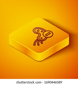 Isometrische Linie Negative Virus Symbol einzeln auf orangefarbenem Hintergrund. Corona-Virus 2019-nCoV. Bakterien und Keime, Zellkrebs, Mikrobe, Pilze. Gelber Quadrat-Knopf. Vektorgrafik