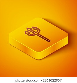 Isometric line Neptune Trident icon isolated on orange background. Happy Halloween party. Yellow square button. Vector