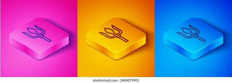 Línea isométrica Neptuno Tridente icono aislado en rosa y naranja, fondo azul. Botón cuadrado. Vector