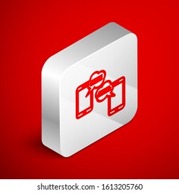 Isometric line New chat messages notification on phone icon isolated on red background. Smartphone chatting sms messages speech bubbles. Silver square button. Vector Illustration