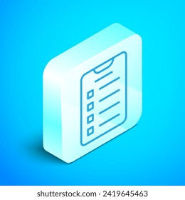 Isometric line New year goals list and plans icon isolated on blue background. Merry Christmas and Happy New Year. Silver square button. Vector