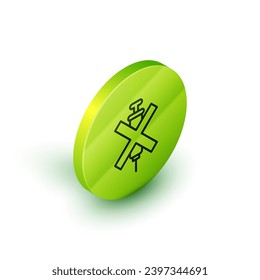 Isometrische Linie Keine Dopingspritze Symbol einzeln auf weißem Hintergrund. Grüner Kreis-Knopf. Vektorgrafik