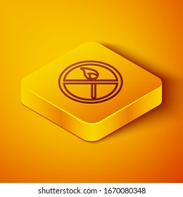 Isometric line No fire match icon isolated on orange background. No open flame. Burning match crossed in circle. Yellow square button. Vector Illustration