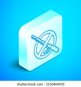 Isometric line No fishing icon isolated on blue background. Prohibition sign. Silver square button. Vector Illustration