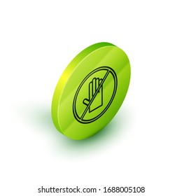 Isometric line No handshake icon isolated on white background. No handshake for virus prevention concept. Bacteria when shaking hands. Green circle button. Vector Illustration