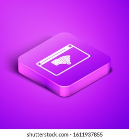 Isometric line No Internet connection icon isolated on purple background. No wireless wifi or sign for remote internet access. Purple square button. Vector Illustration