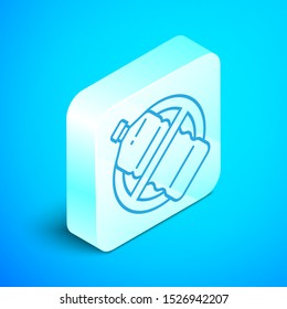 Isometric line No plastic bottle icon isolated on blue background. Silver square button. Vector Illustration