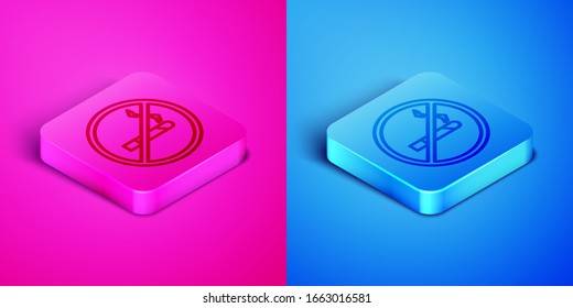 Línea isométrica No fumar icono aislado en fondo rosa y azul. Símbolo de cigarrillo. Botón cuadrado. Ilustración vectorial