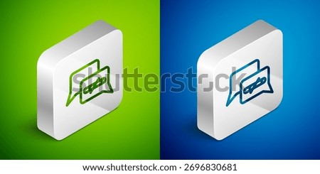 Isometric line No smoking icon isolated on green and blue background. Cigarette smoking prohibited sign. Silver square button. Vector