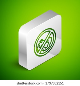 Isometrische Zeile Kein Mülleimer auf grünem Hintergrund isoliert. Silberquadrat-Taste. Vector Illustration