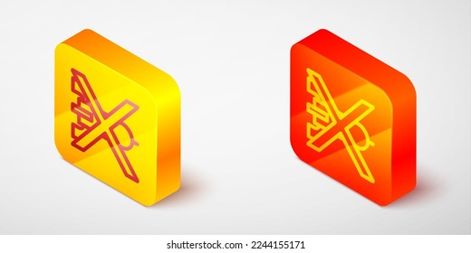 Isometric line No war icon isolated on grey background. The peace symbol. Yellow and orange square button. Vector