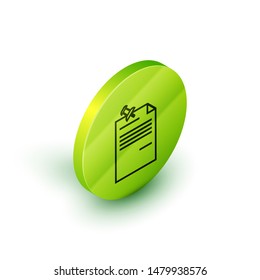 Isometric line Note paper with pinned pushbutton icon isolated on white background. Memo paper sign. Green circle button. Vector Illustration