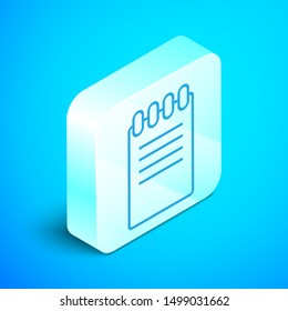 Isometric line Notebook icon isolated on blue background. Spiral notepad icon. School notebook. Writing pad. Diary for business. Notebook cover design. Silver square button. Vector Illustration