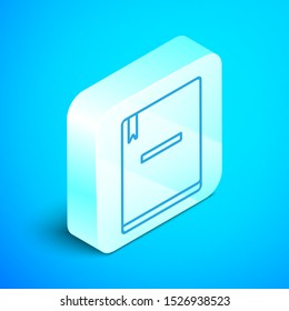 Isometric line Notebook icon isolated on blue background. Spiral notepad icon. School notebook. Writing pad. Diary for school. Silver square button. Vector Illustration
