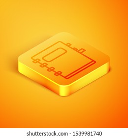 Isometric line Notebook icon isolated on orange background. Spiral notepad icon. School notebook. Writing pad. Diary for school. Orange square button. Vector Illustration