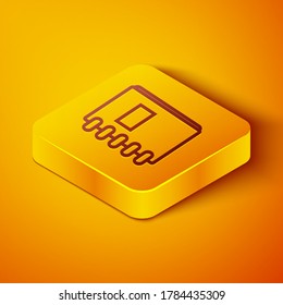 Isometric line Notebook icon isolated on orange background. Spiral notepad icon. School notebook. Writing pad. Diary for school. Yellow square button. Vector Illustration