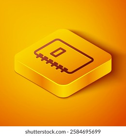 Isometric line Notebook icon isolated on orange background. Spiral notepad icon. School notebook. Writing pad. Diary for school. Yellow square button. Vector Illustration