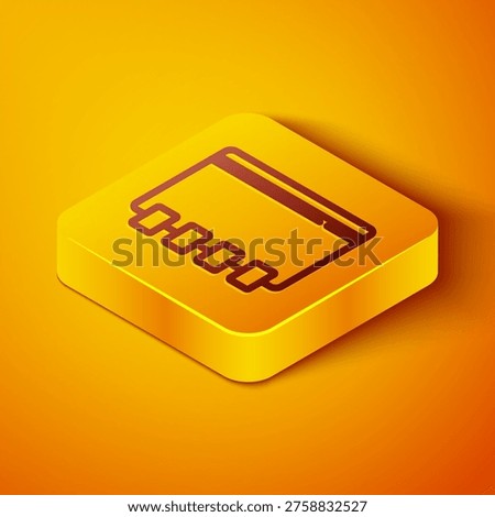 Isometric line Notebook icon isolated on orange background. Spiral notepad icon. School notebook. Writing pad. Diary for school. Yellow square button. Vector
