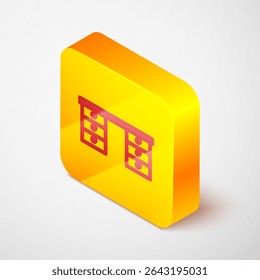 Isometric line Office desk icon isolated on grey background. Yellow square button. Vector