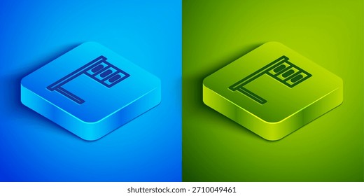 Línea isométrica icono de escritorio de oficina aislado sobre fondo azul y verde. Botón cuadrado. Ilustración vectorial