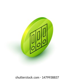 Isometric line Office folders with papers and documents icon isolated on white background. Office binders. Archives folder sign. Green circle button. Vector Illustration