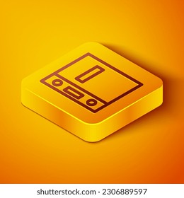 Isometric line Office folders with papers and documents icon isolated on orange background. Office binders. Archives folder sign. Yellow square button. Vector Illustration