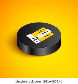 Isometric line Office folders with papers and documents icon isolated on yellow background. Office binders. Archives folder sign. Black circle button. Vector