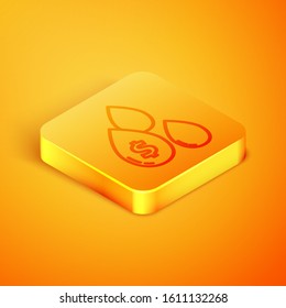 Isometric line Oil drop with dollar symbol icon isolated on orange background. Orange square button. Vector Illustration