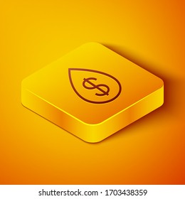 Isometric line Oil drop with dollar symbol icon isolated on orange background. Yellow square button. Vector Illustration