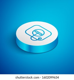 Isometric line Oil filler cap opening at the gas station icon isolated on blue background. White circle button. Vector Illustration