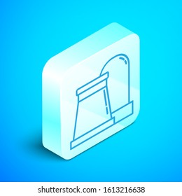 Isometric line Oil and gas industrial factory building icon isolated on blue background. Silver square button. Vector Illustration