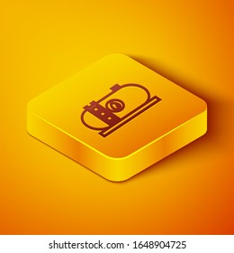 Isometric line Oil and gas industrial factory building icon isolated on orange background. Yellow square button. Vector Illustration