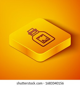 Isometric line Oil petrol test tube icon isolated on orange background. Yellow square button. Vector Illustration